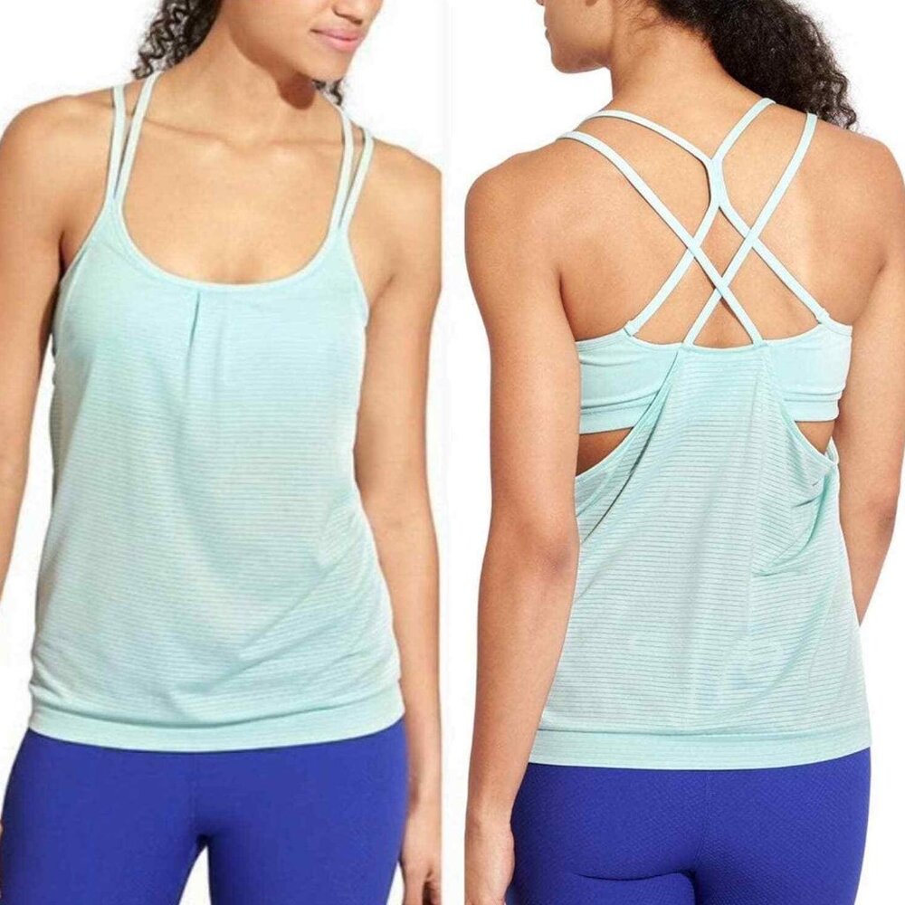 Athleta Mint Shadow Stripe Energize Tank Top with Built-In Sports Bra (S)